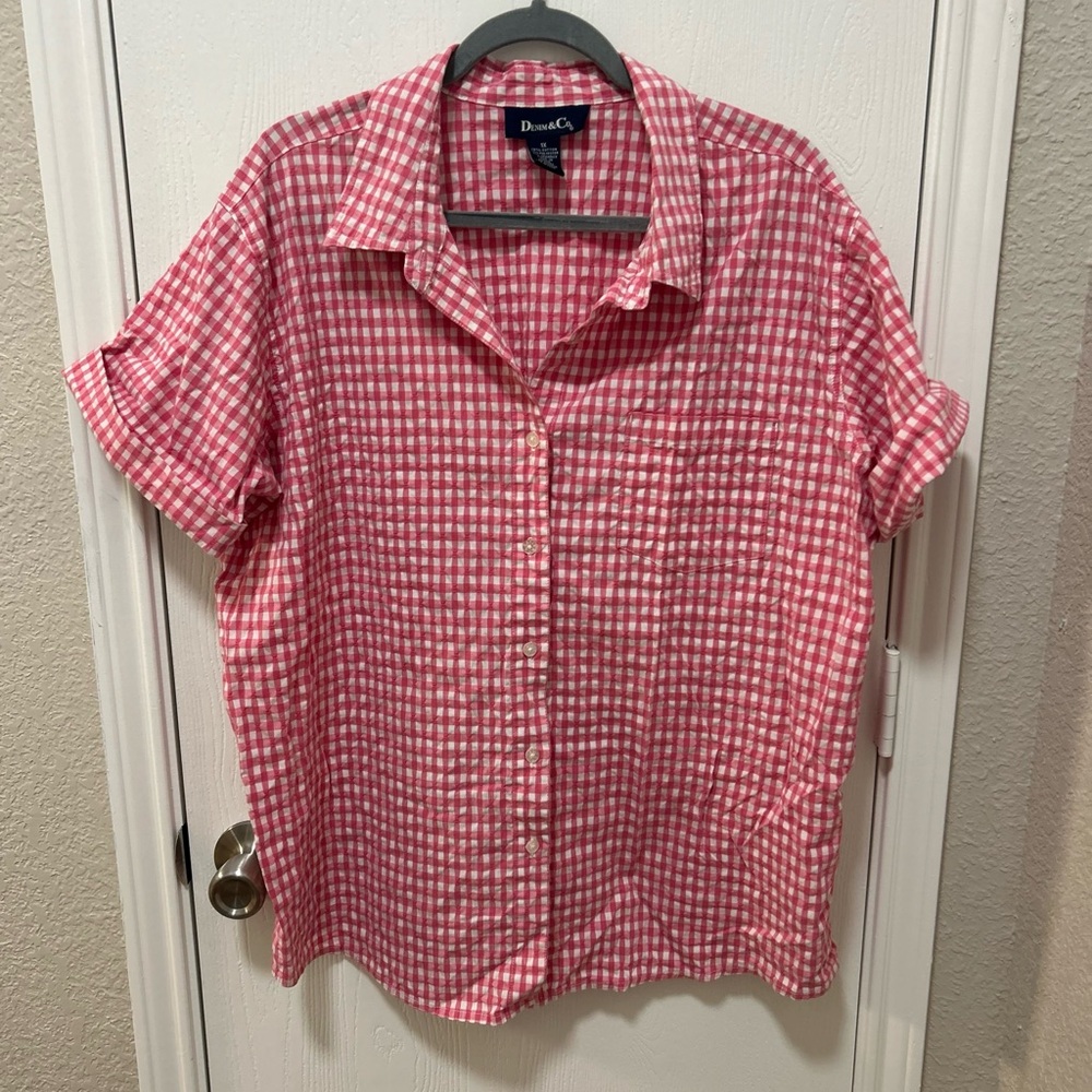 Denim & Co red & white gingham button up blouse woman’s plus size 1X cottagecore